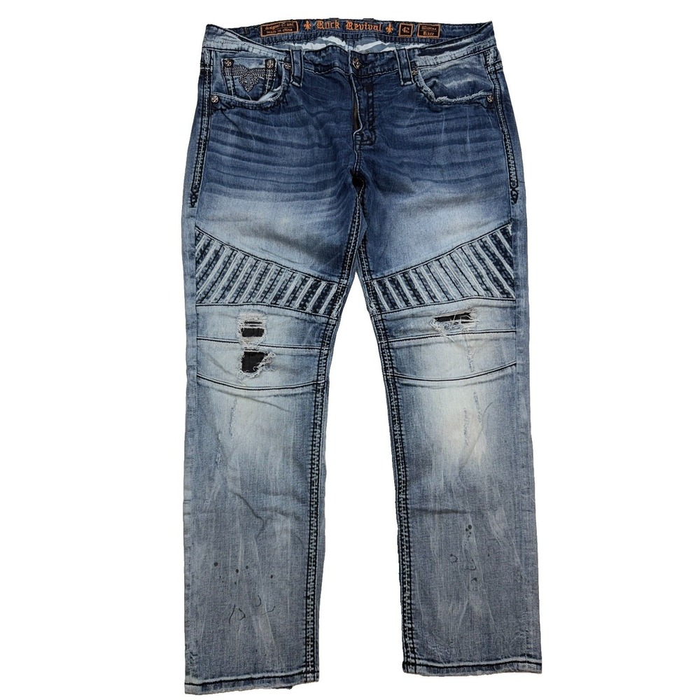 Rock Revival Men's Wilkins Biker Jeans Factory Distressed Paint Spots Size 42